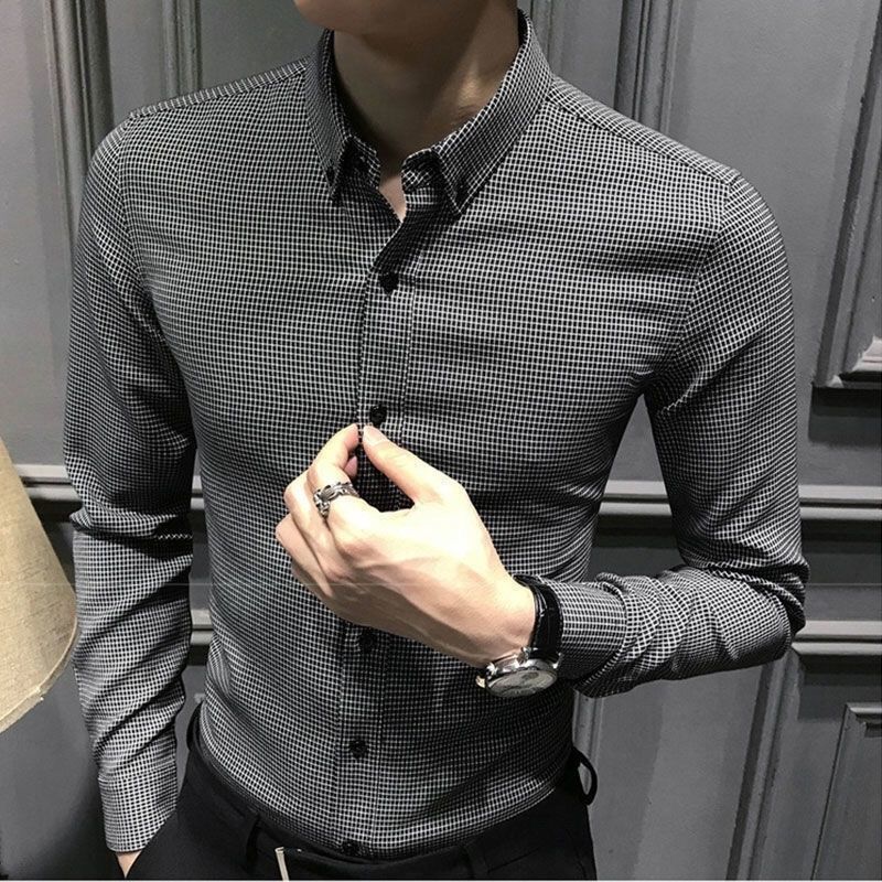 Men's Casual Shirts Business Men Clothing Plaid Shirt Long Sleeve Men's Slim Top Gentleman Casual Turn-down Collar Solid Fashion Trend Shirt