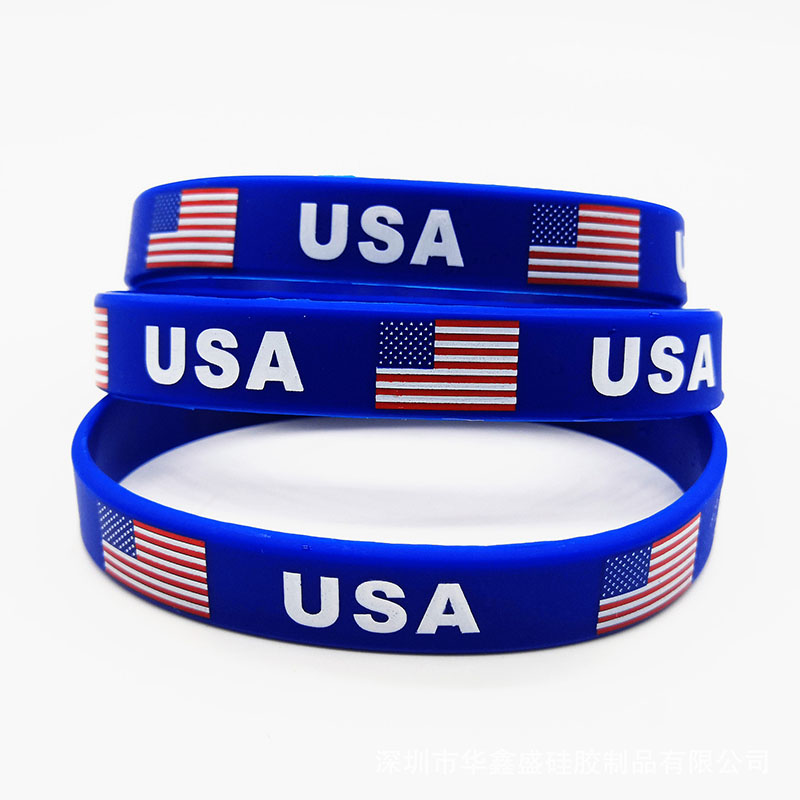 USA Flag Silicone Bracelet Bulk Rubber America Patriotic Blue Wristband Party Favor Parade Jewelry Promotion Gift Wholesale Price