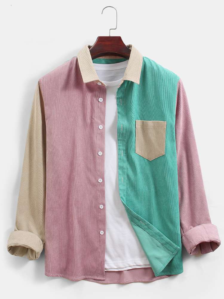 Men's Casual Shirts ChArmkpR Men Shirt Summer Autumn Corduroy Colorblock Patchwork Casual Chest Pocket Long Sleeve Shirts Tops Chemises Camisas 2