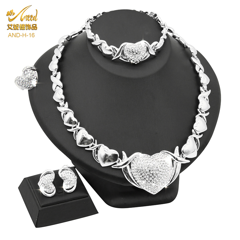 Wedding Jewelry Sets ANIID Dubai Gold Plated Jewelry Necklace Set Wedding Bride Women Nigerian XOXO Heart Crystal Bracelets And Earrings Ring 230313