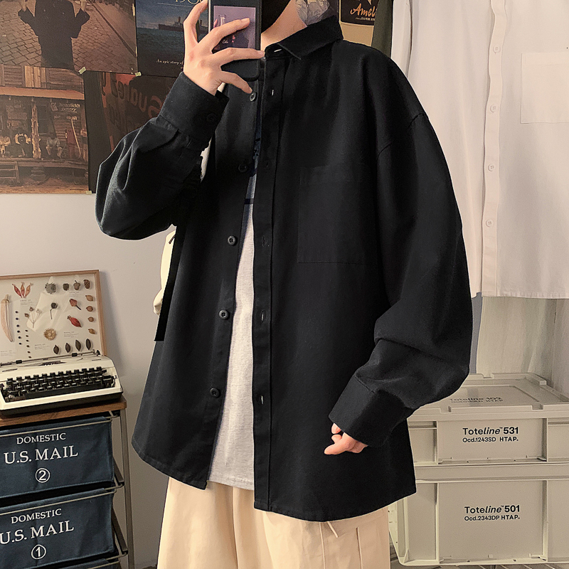 Men's Casual Shirts Pure white Long Sleeve Shirt Men's youth loose large fashion simple casual shirt autumn and winter solid color coat Cott