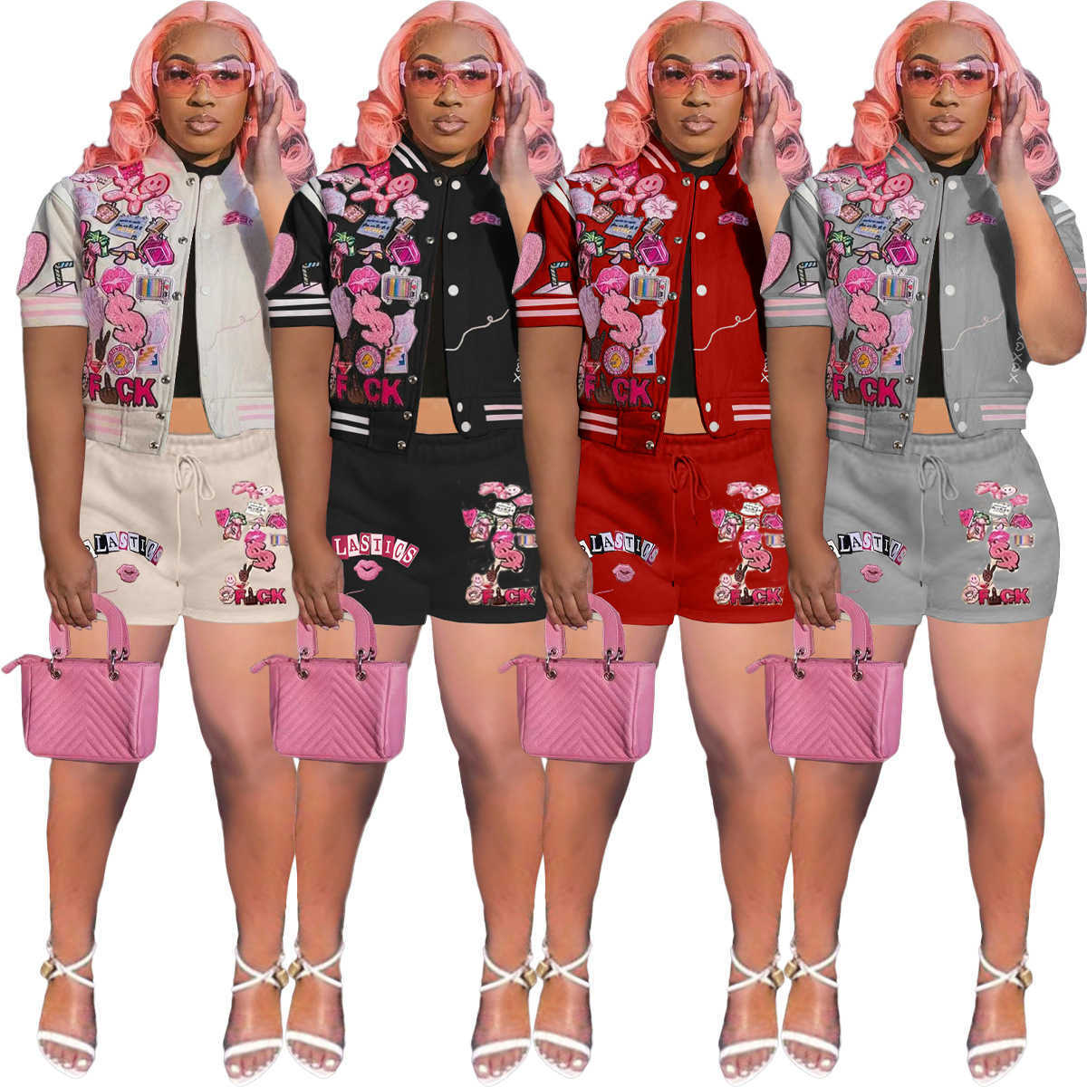 2023 Fashion Womens Tracksuits 2 Piece Shorts Sets Casual Printed Baseball Jacket Suit Short Sleeve Outfits Casual Active Sportswear