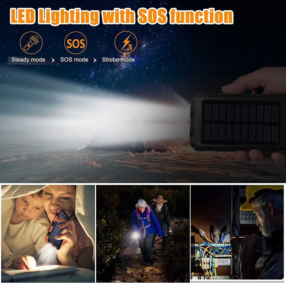 Portable Solar Power Bank Powerful Charging Powerbank External Battery Charger Strong Light LDE Light for All Smartphones 30000mah