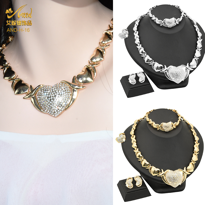 Wedding Jewelry Sets ANIID Dubai Gold Plated Jewelry Necklace Set Wedding Bride Women Nigerian XOXO Heart Crystal Bracelets And Earrings Ring 230313