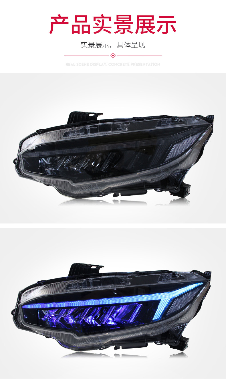 Auto Front Headlights For Honda Civic Ten Generation Upgrade Dragon Wing Style Lights APP Control 7 Color LED Turn Signal Headlight