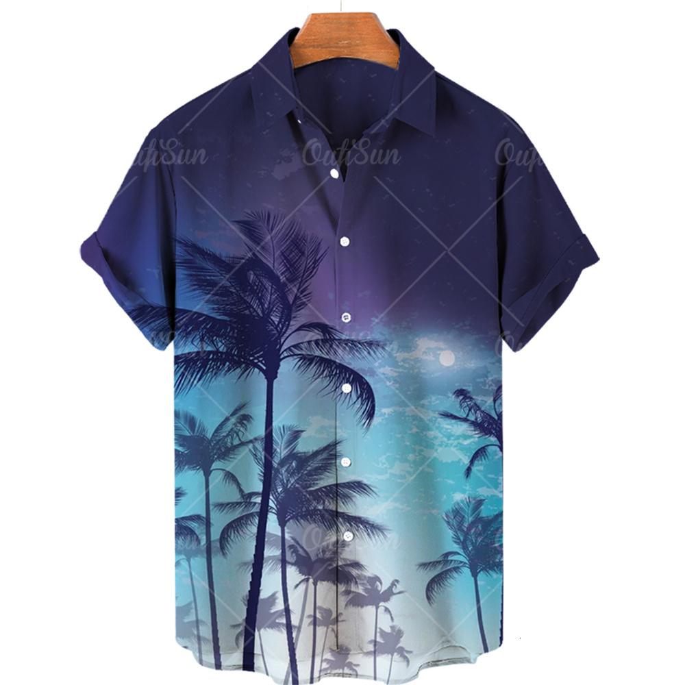 Men's Casual Shirts Coconut Tree Summer Men's Hawaiian Shirt Short Sleeve Lapel Single Button Print Shirt Fashion Casual Beach Top 230314
