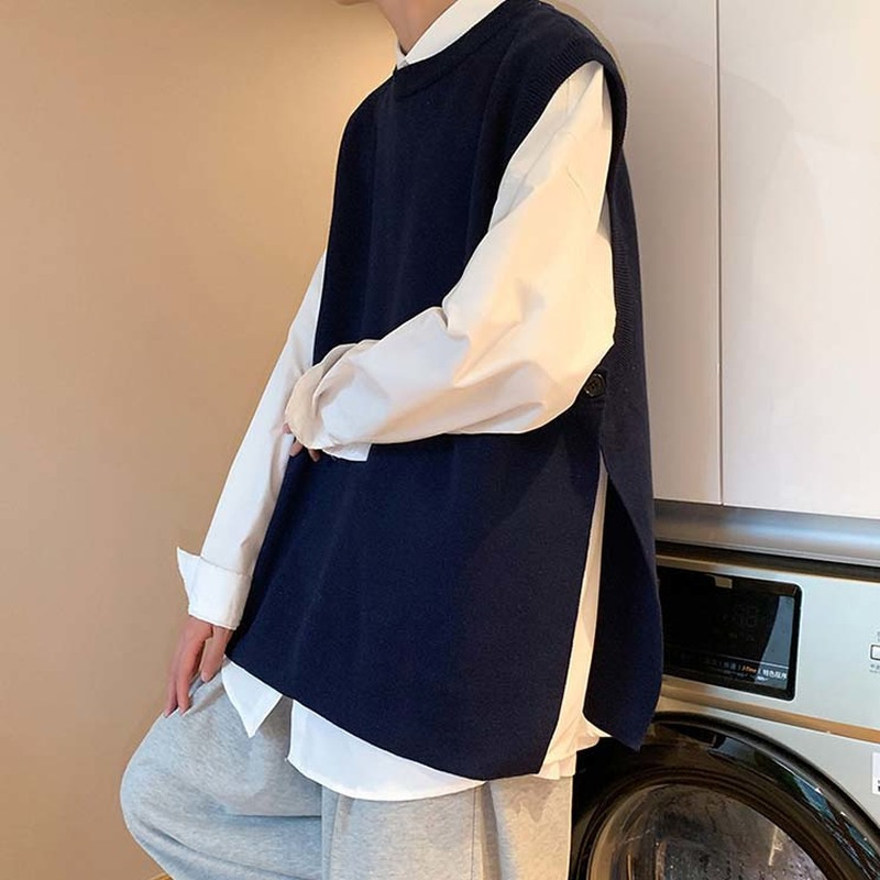 Men s Vests Men O neck Sweater Vest Side split Fashionable Solid Sleeveless Sweaters Casual Preppy Style Couple Spring Autumn Loose Knitwear 230313