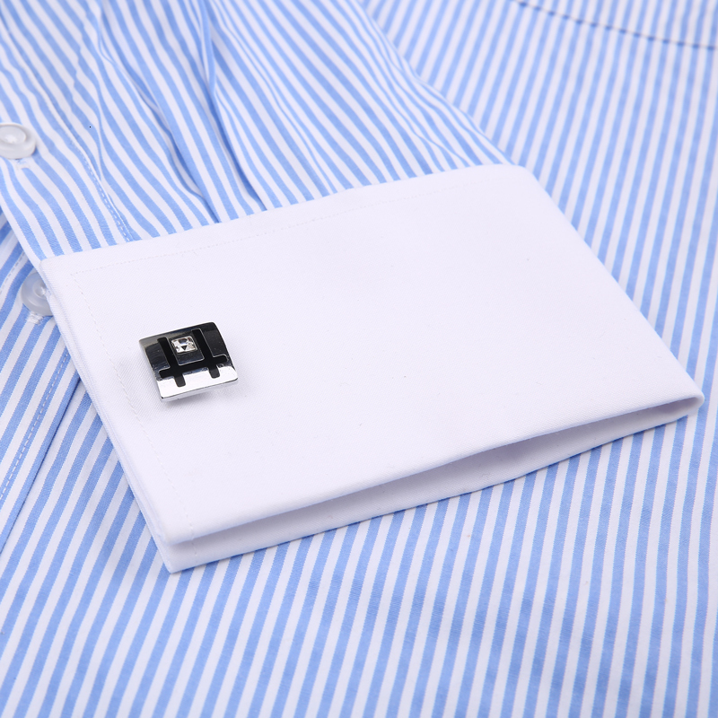 Men's Casual Shirts Men's Classic French Cuffs Striped Dress Shirt Single Patch Pocket Standard-fit Long Sleeve Wedding Shirts Cufflink Incl