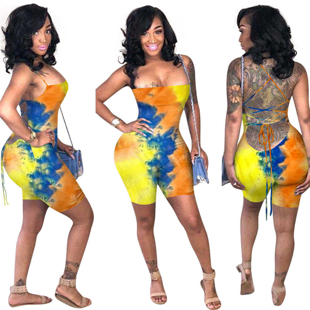 women jumpsuit 2023 summer Tie-dye solid color backless sexy women's open-back strapping tights nightclub clubwear jumpsuits amp rompers