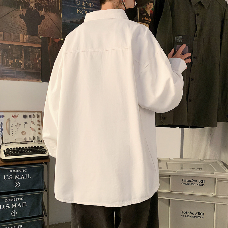 Men's Casual Shirts Pure white Long Sleeve Shirt Men's youth loose large fashion simple casual shirt autumn and winter solid color coat Cott