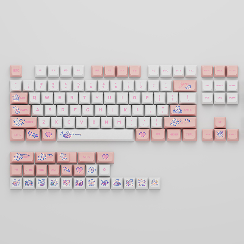 129 Key PBT Cute Steam Rabbit Pink Keycaps for Mechanical Gaming Keyboard Custom MX Switche SYE-SUB XDA Profile Key Cap