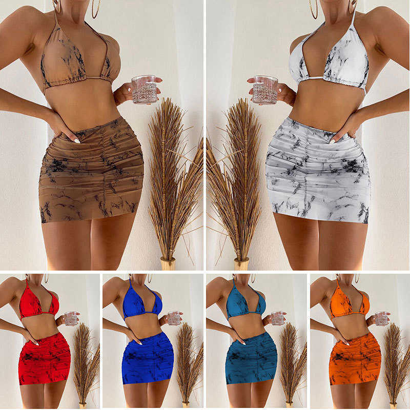 women swimsuit wind stone three piece set bikini bottoms short skirt split swimsuit bikini beach cover dresses