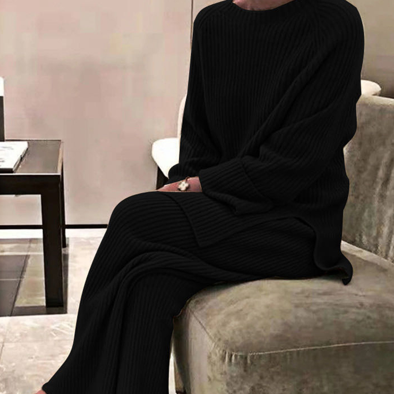 Women's Two Piece Pants Elegant Soft Knit Set for Women Simple Warm Sweater 2 Pieces O Neck Pullover Elastic Waist Wide Leg Pant Autumn Winter Ho