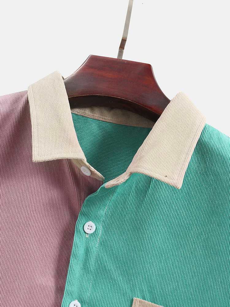 Men's Casual Shirts ChArmkpR Men Shirt Summer Autumn Corduroy Colorblock Patchwork Casual Chest Pocket Long Sleeve Shirts Tops Chemises Camisas 2