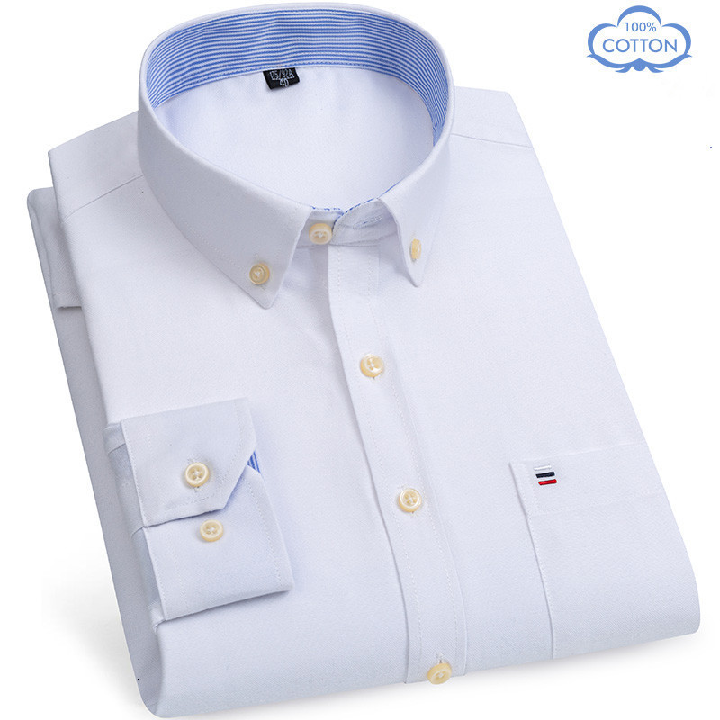 Men's Casual Shirts S-7XLCotton Oxford Men's Long Sleeve Plain Casual Shirt Men's Pocket Regular Fit Button Work Men's Shirt 23040