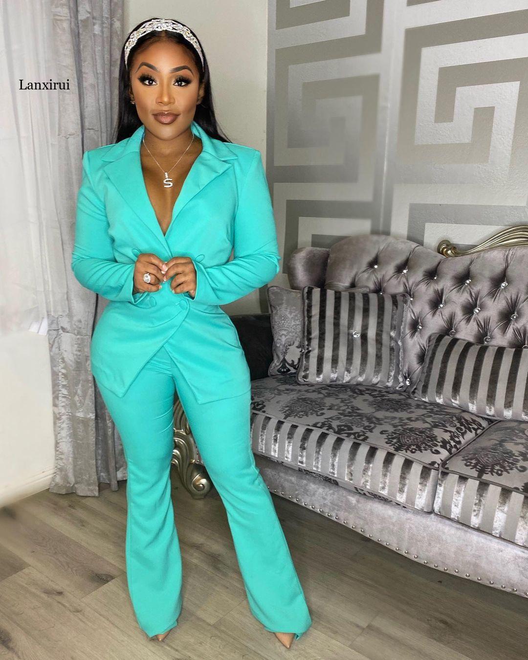 Women's Suits Blazers Womens 2 Pieces Blazer Office Lady Suit Work V Neck Sexy Jackets Double Breasted Casual Long Set Conjuntos De Mujer 230314