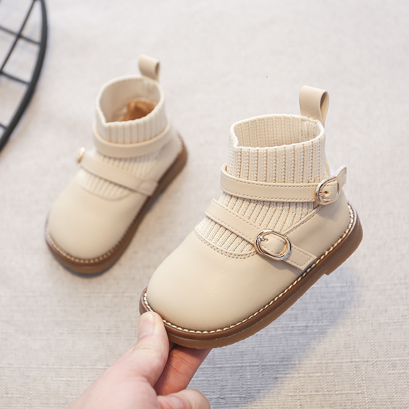 First Walkers Kids Pu Knit Splicing Ankle Boots for Girl Slip-on Shoes Autumn Winter Child School Uniform Round Toes Pricess Casual Boots 230314