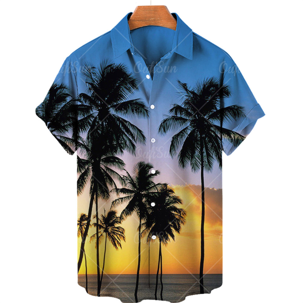 Men's Casual Shirts Coconut Tree Summer Men's Hawaiian Shirt Short Sleeve Lapel Single Button Print Shirt Fashion Casual Beach Top 230314