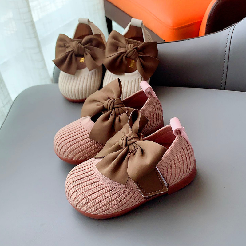First Walkers Baby Girl Princess Shoes With Big Bow Knitted Fabric Toddler Shoe Soft Bottom Outdoor Casual Child First Walkers Beige Pink Swee 230314