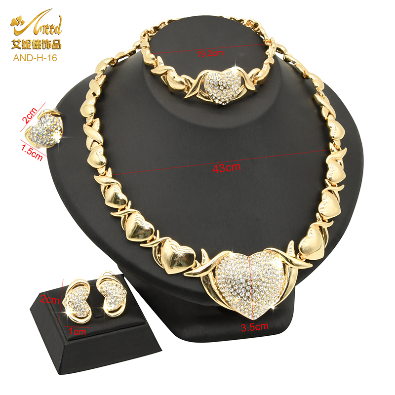 Wedding Jewelry Sets ANIID Dubai Gold Plated Jewelry Necklace Set Wedding Bride Women Nigerian XOXO Heart Crystal Bracelets And Earrings Ring 230313