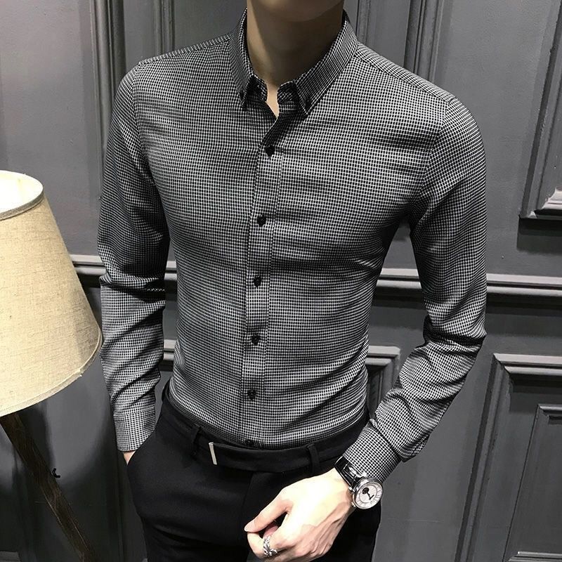 Men's Casual Shirts Business Men Clothing Plaid Shirt Long Sleeve Men's Slim Top Gentleman Casual Turn-down Collar Solid Fashion Trend Shirt