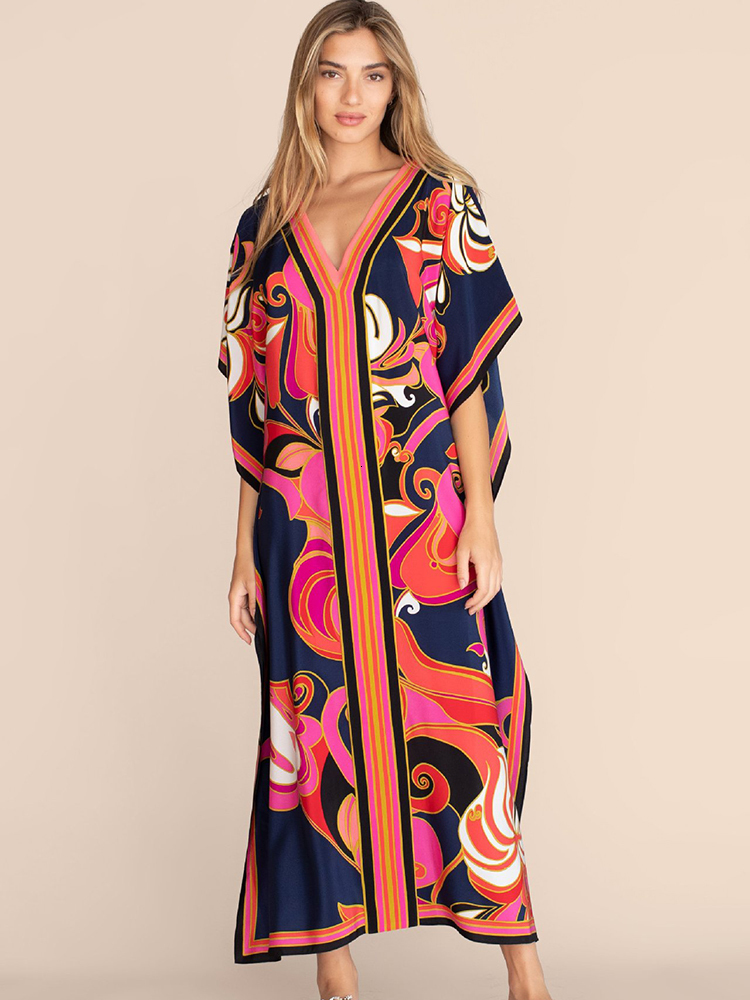 Shawls Bohemian Dress Print Beach Cover up Pareos de Playa Mujer Over size Swimsuit Cover up Robe Plage Kaftan Tunic Maxi Dress 230314