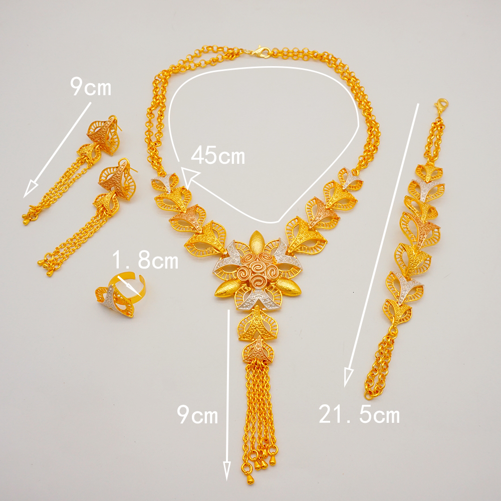 Wedding Jewelry Sets Trendy Nigerian Dubai Gold Color Jewelry Set For Women Tassel Long Chain Bridal Long Necklace Bracelet Earring Ring Wedding Sets 