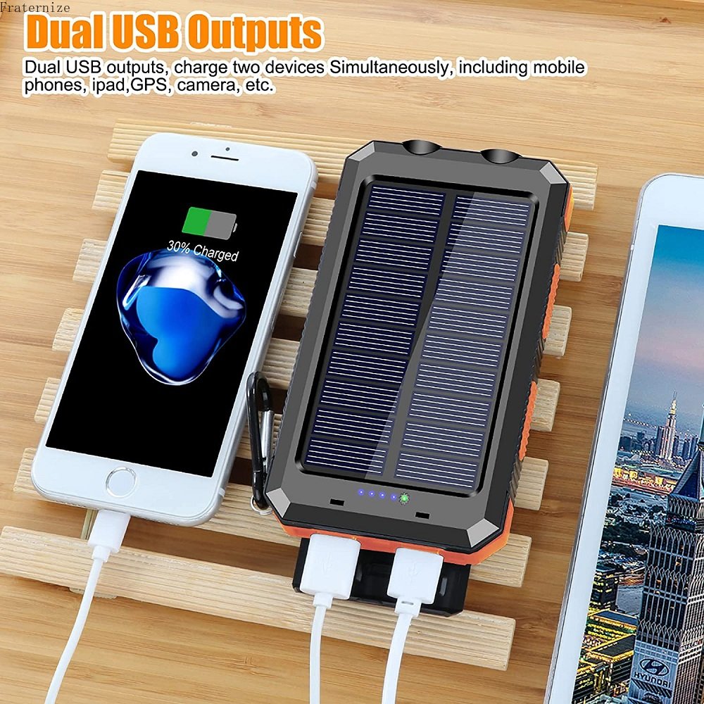 Portable Solar Power Bank Powerful Charging Powerbank External Battery Charger Strong Light LDE Light for All Smartphones 30000mah