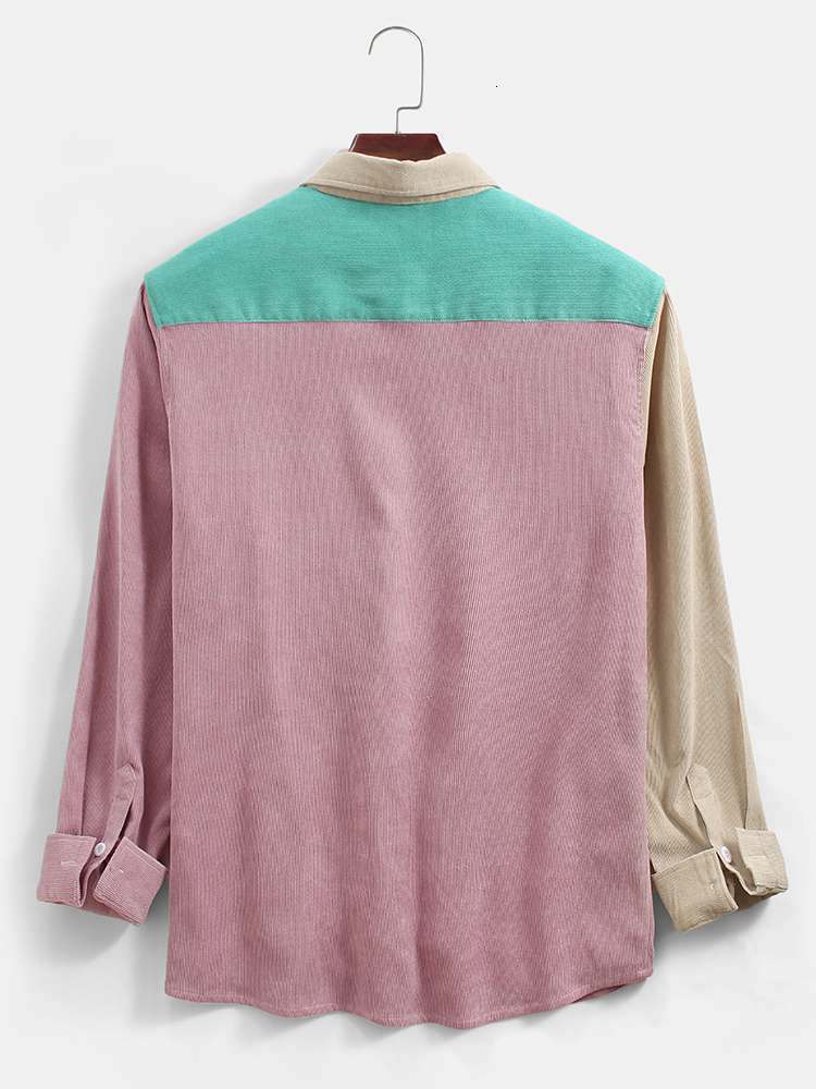Men's Casual Shirts ChArmkpR Men Shirt Summer Autumn Corduroy Colorblock Patchwork Casual Chest Pocket Long Sleeve Shirts Tops Chemises Camisas 2