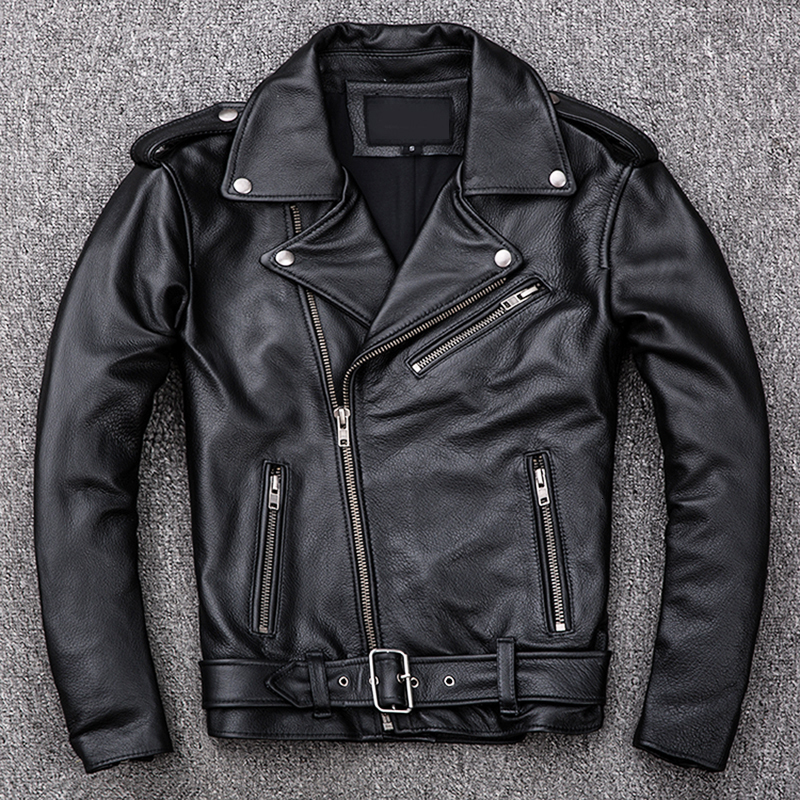 Men s Jackets Spring Classical Motorcycle Oblique Zipper Men Leather Natural Calf Skin Thick Slim Cowhide Moto Biker Man 230314