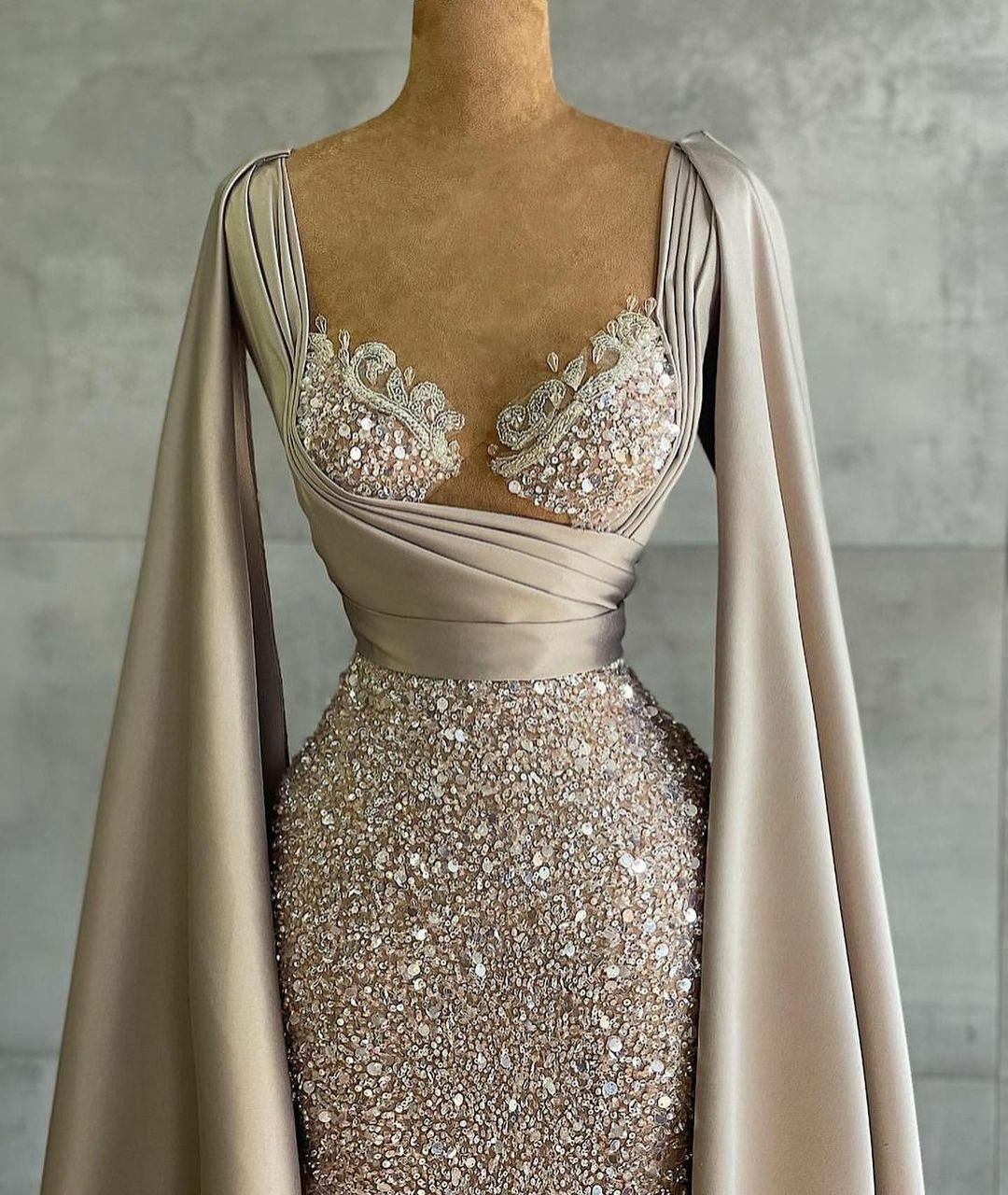 Party Dresses Arabic Glitter Sequins Evening Long y 2023 Celebrity With Cape Ruched Sweetheart Prom Women Gowns Robe 230313