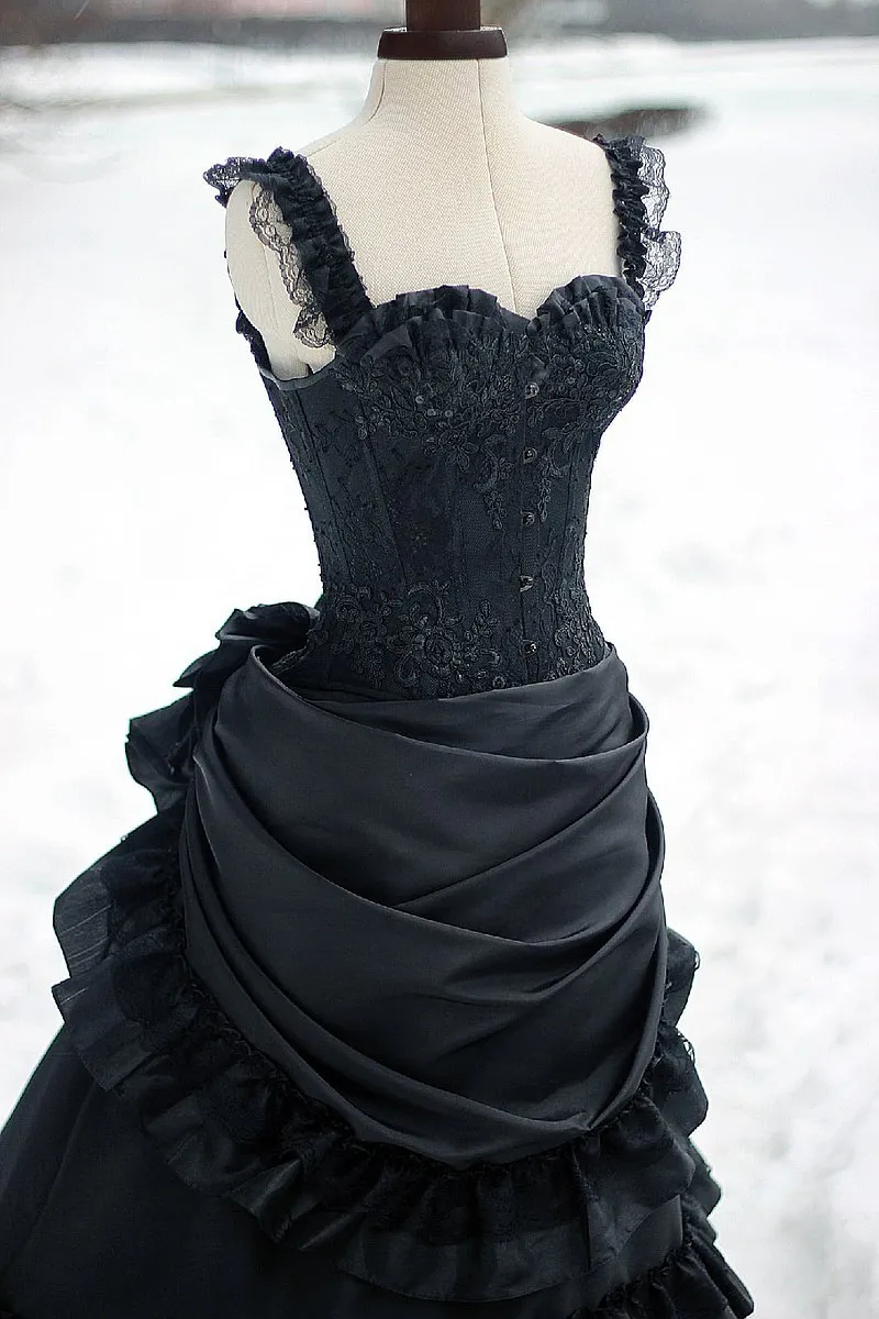 Wedding Victorian Vintage Gothic Black Bustle Historical Medieval Bridal Gowns High Neck Long Sleeves Corset Winter Cosplay Masquerade Dresses