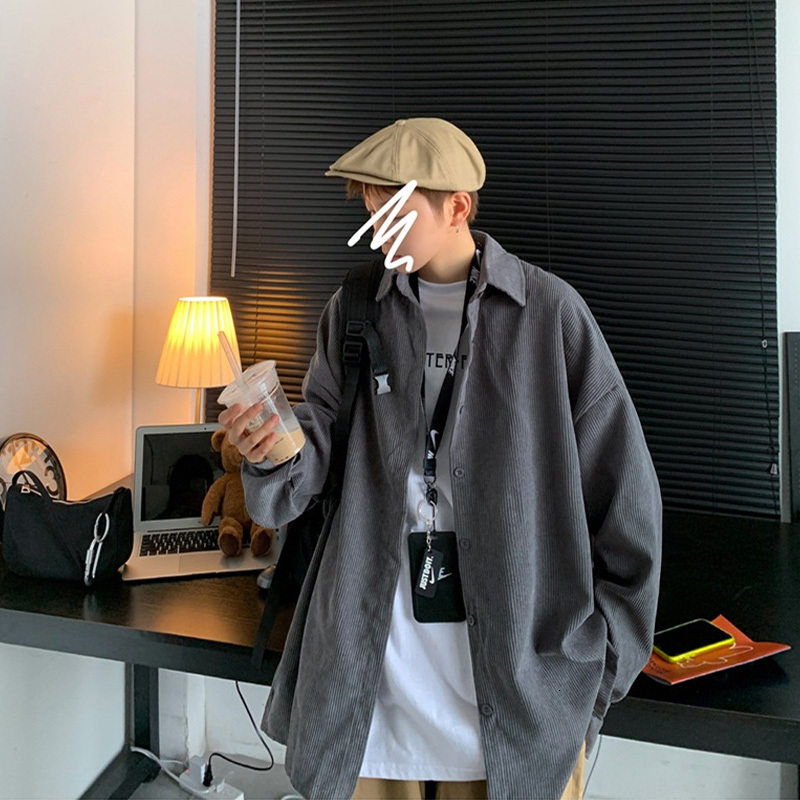 Men's Casual Shirts Khaki Corduroy Men Shirts Fashion Korean Oversized Baggy Tops Spring Autumn Cardigan Long Sleeve Blouse Vintage Male Y2K Clot
