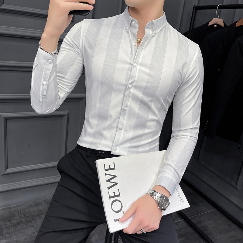 Men's Casual Shirts Spring Highend Striped Long Sleeved Shirt Men Korean Slim Fit Business Dress Shirt Men Streetwear Social Party Shirt M-4XL 23