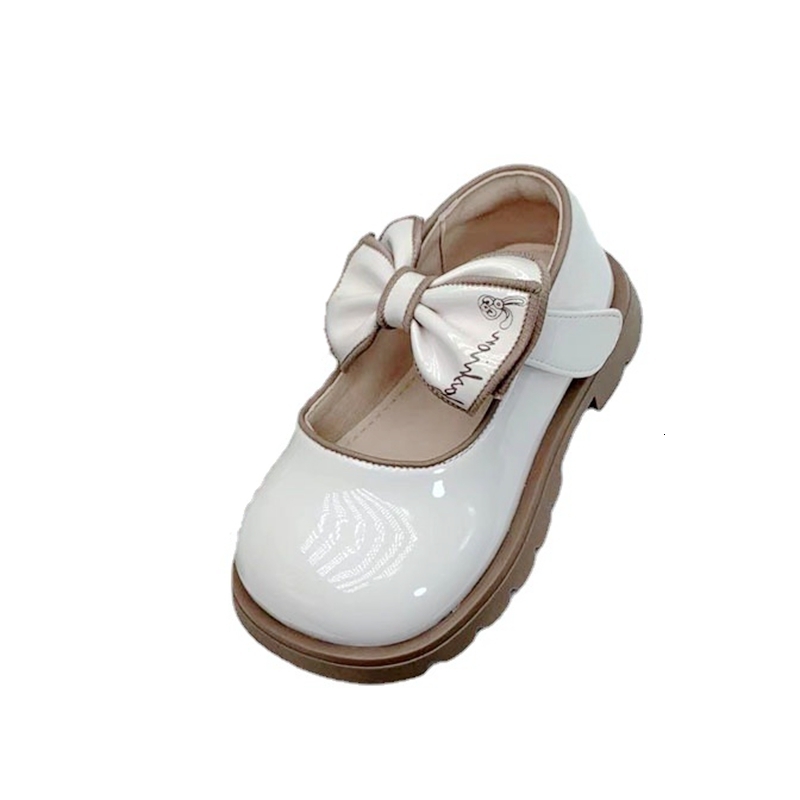 First Walkers 13.5-15.5cm Patent Leather Girls Spring Flats Shoes With Butterfly-knot Beige Black Soft Toddler Princess Dress Shoes 230314