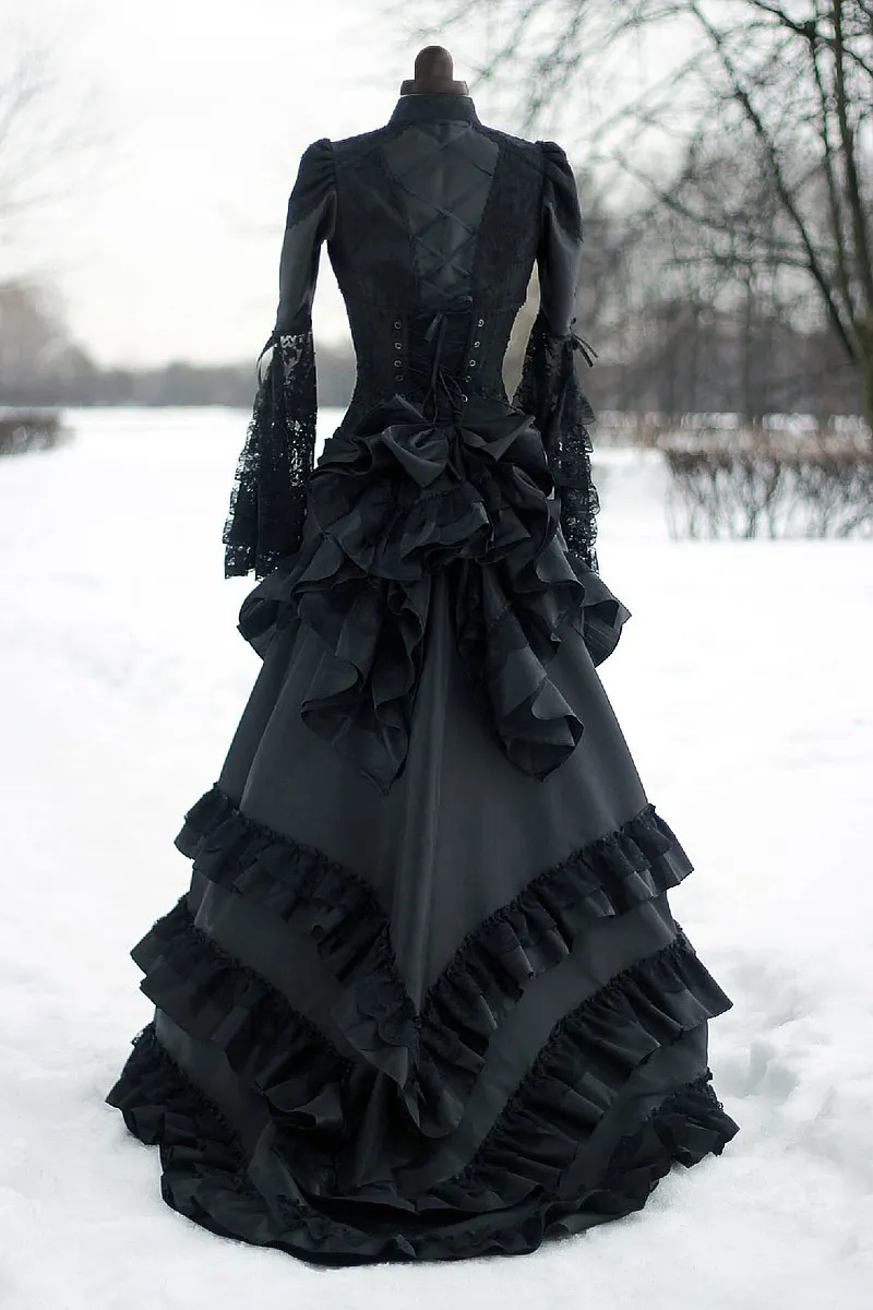 Wedding Victorian Vintage Gothic Black Bustle Historical Medieval Bridal Gowns High Neck Long Sleeves Corset Winter Cosplay Masquerade Dresses