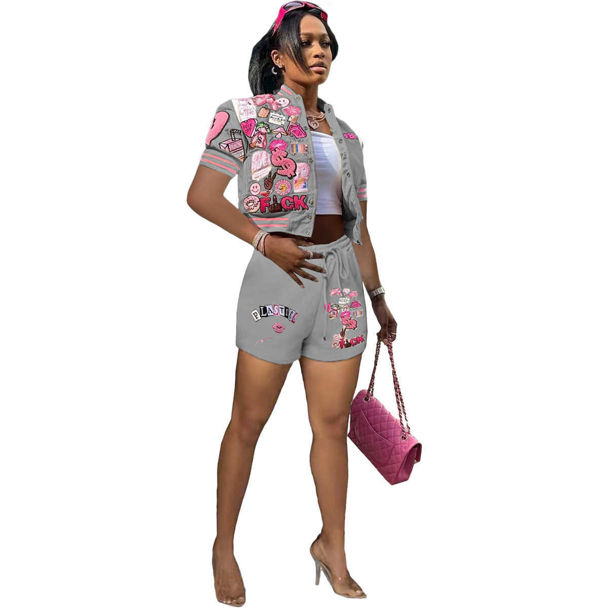 2023 Fashion Womens Tracksuits 2 Piece Shorts Sets Casual Printed Baseball Jacket Suit Short Sleeve Outfits Casual Active Sportswear