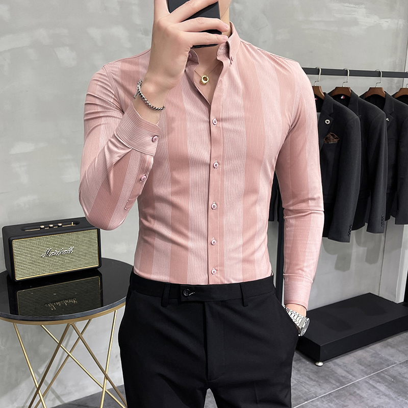 Men's Casual Shirts Spring Highend Striped Long Sleeved Shirt Men Korean Slim Fit Business Dress Shirt Men Streetwear Social Party Shirt M-4XL 23