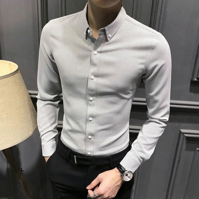 Men's Casual Shirts Business Men Clothing Plaid Shirt Long Sleeve Men's Slim Top Gentleman Casual Turn-down Collar Solid Fashion Trend Shirt