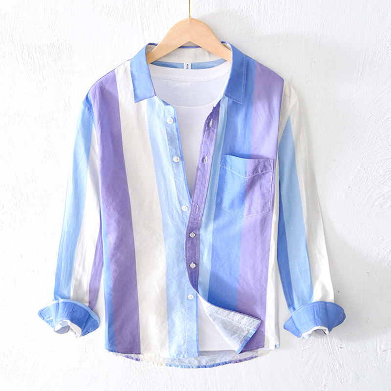 Men's Casual Shirts Men Shirt Casual Colorblock Patchwork Long Sleeve Slim Fit Linen Cotton Shirts Male Tee Top Holiday Blouse Korean Style 23031