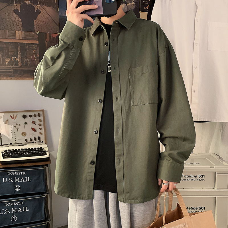 Men's Casual Shirts Pure white Long Sleeve Shirt Men's youth loose large fashion simple casual shirt autumn and winter solid color coat Cott