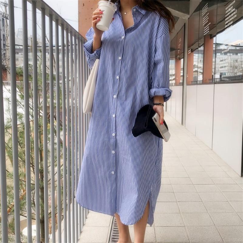 Casual Dresses Loose Classic Vertical Stripe Long Shirt Dress Maxi Sleeve Polo Neck Women Autumn Single Breasted 2024 Work Clothes