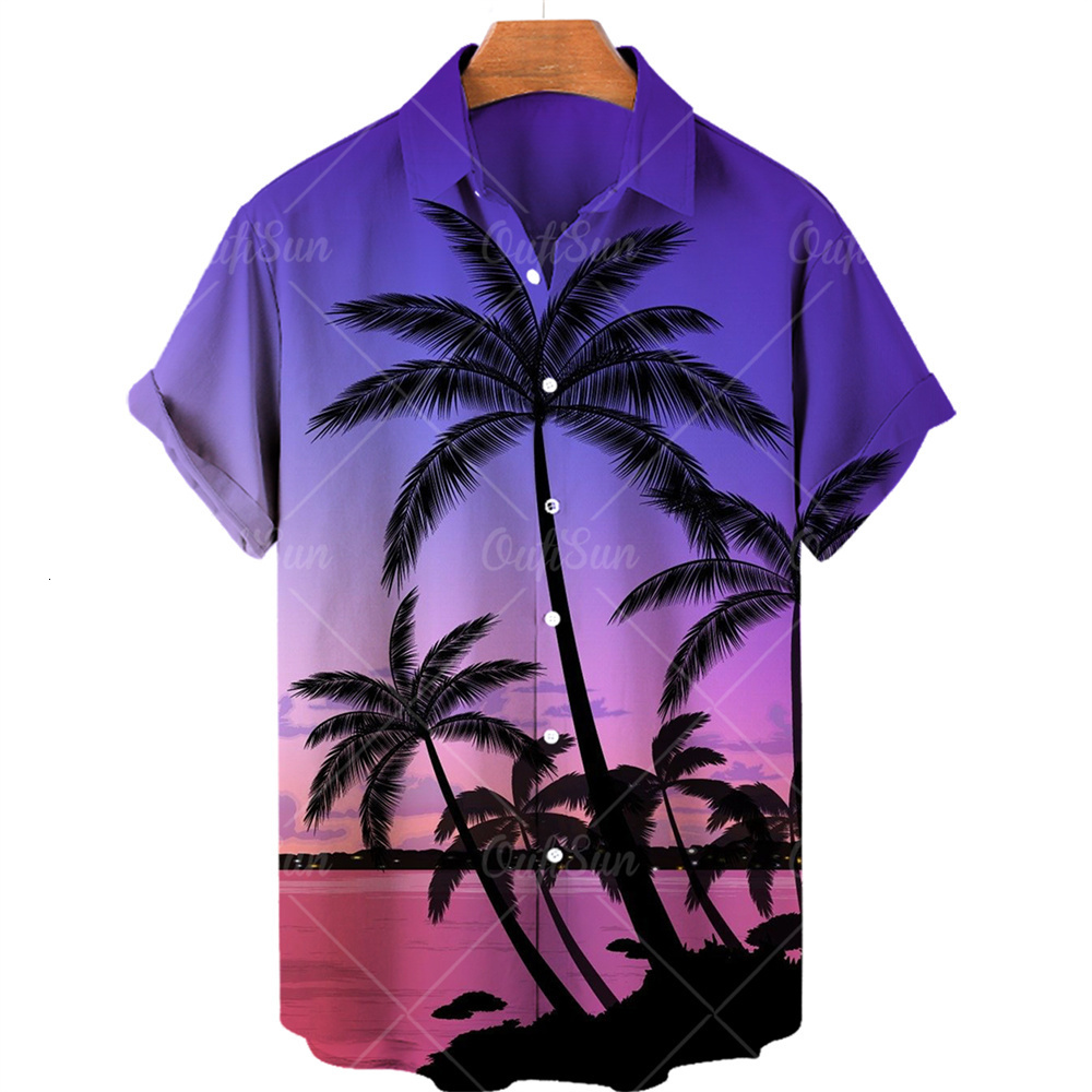 Men's Casual Shirts Coconut Tree Summer Men's Hawaiian Shirt Short Sleeve Lapel Single Button Print Shirt Fashion Casual Beach Top 230314