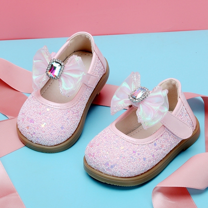 First Walkers 11-15cm High Quality Sequined Cloth Infant First Walkers Solid Beige Pink Toddler Girls Dress Shoes For Little Princess Party 230314