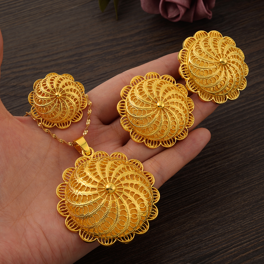 Wedding Jewelry Sets 24K Gold Plated Fashion Ethiopian Big Size EarringsPendantRing Jewelry Sets Gold Plate Africa Bride Wedding Eritrea Set Gift 2303