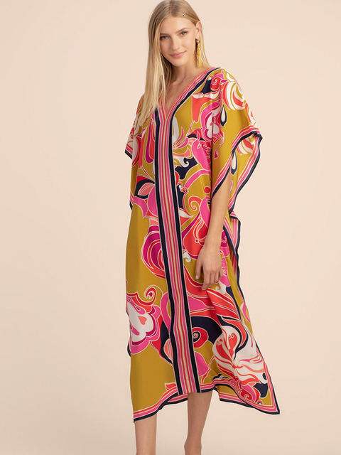 Shawls Bohemian Dress Print Beach Cover up Pareos de Playa Mujer Over size Swimsuit Cover up Robe Plage Kaftan Tunic Maxi Dress 230314