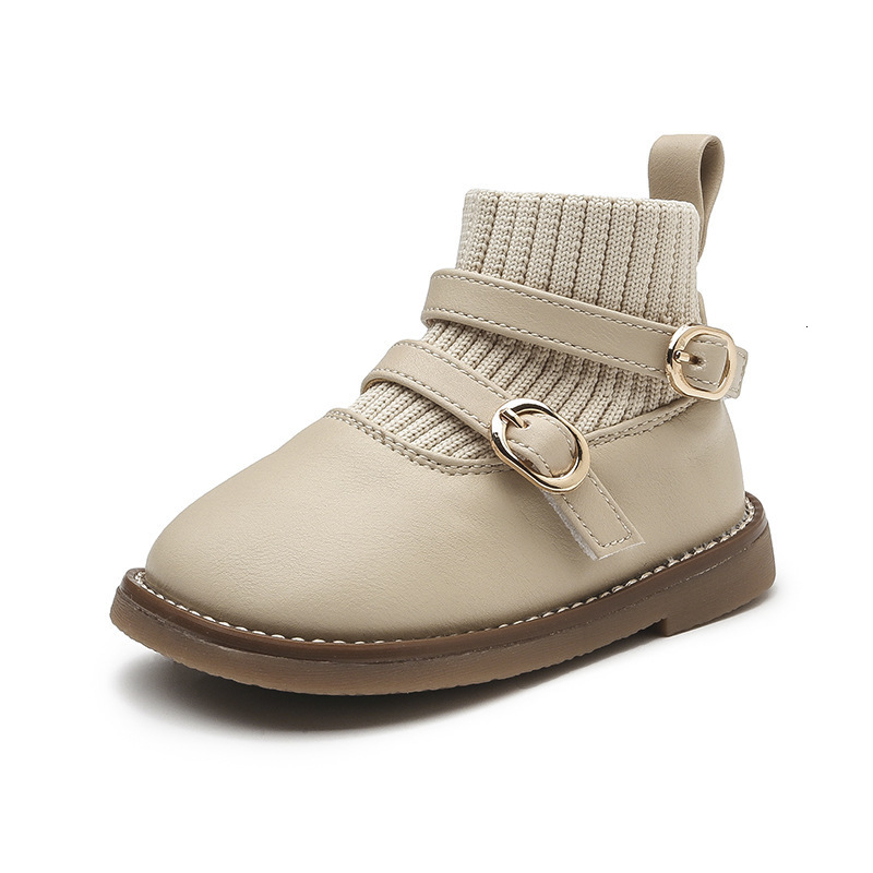 First Walkers Kids Pu Knit Splicing Ankle Boots for Girl Slip-on Shoes Autumn Winter Child School Uniform Round Toes Pricess Casual Boots 230314