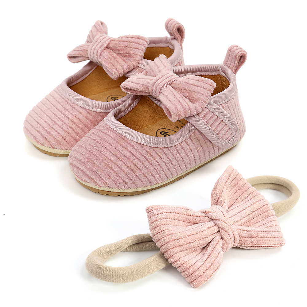 First Walkers Baby Girls Casual Corduroy Shoes Headband Set Infant Toddlers Anti-slip Rubber Soft-Sole First Walker born Bow-knot Shoe 230314