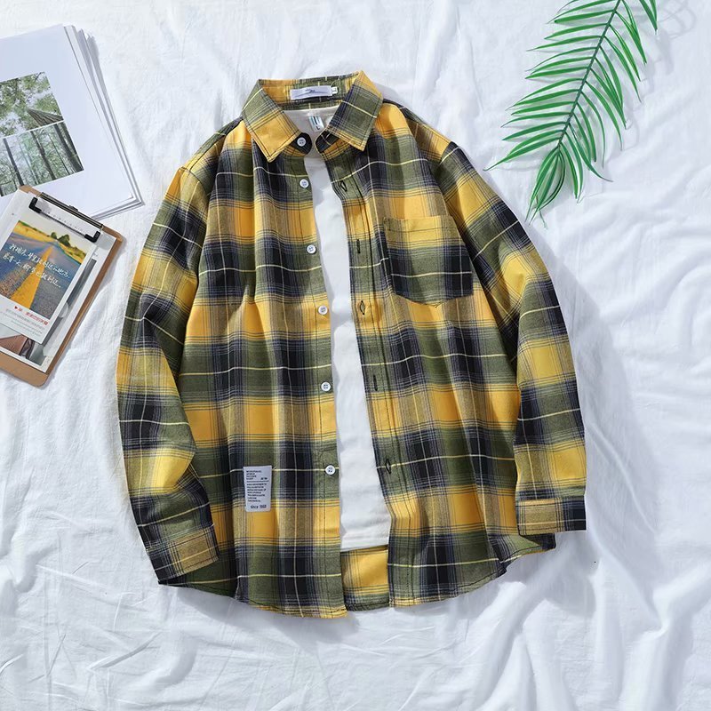 Men's Casual Shirts Vintage Plaid Shirts Men Autumn Long Sleeve Oversize Button Up Shirt Japanese Harajuku Casual Loose Coat Women Blouse Tops 23
