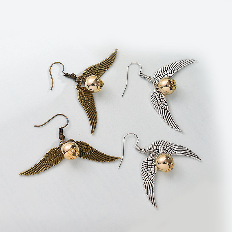 Vintage Movie Wing Earrings Dangle Antique Gold Silver Earrings Potter The Deathly Hallows Drop Earrings For Women Gold Beads Wings Earrings Jewelry G